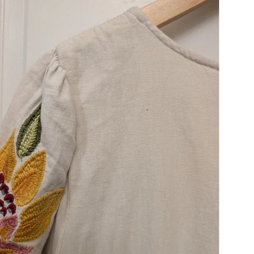 Farm Rio Cream Floral Embroidered Linen Blend Romper V-Neck Puff Sleeve Boho - Picture 10 of 10